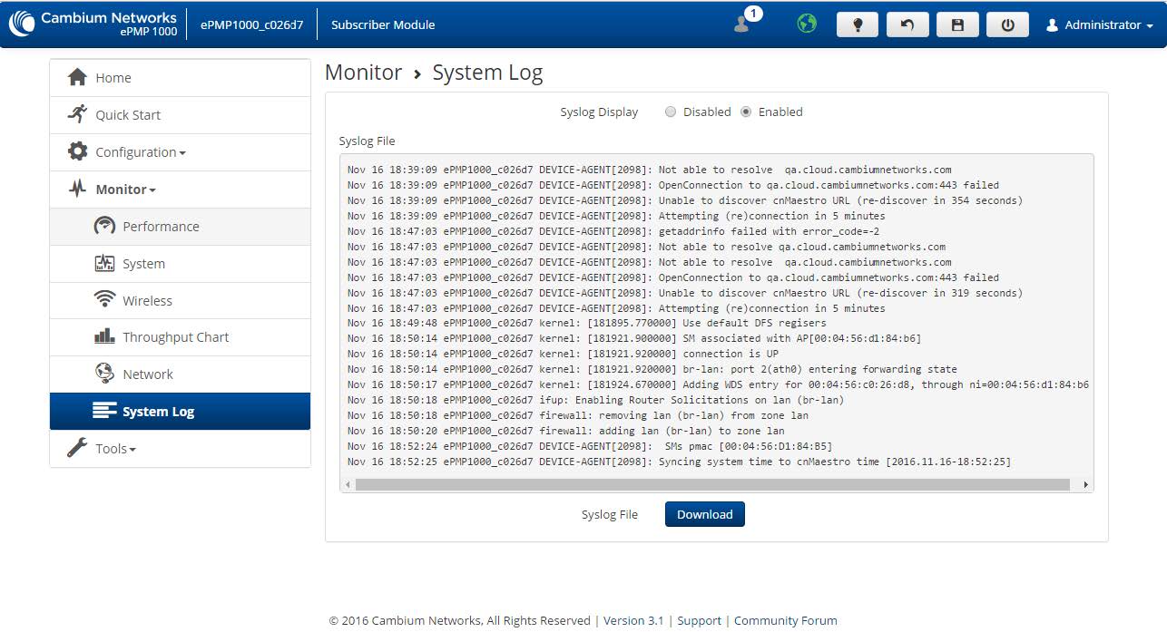 ePMP: Viewing and downloading the SM system log file - ePMP - Cambium ...