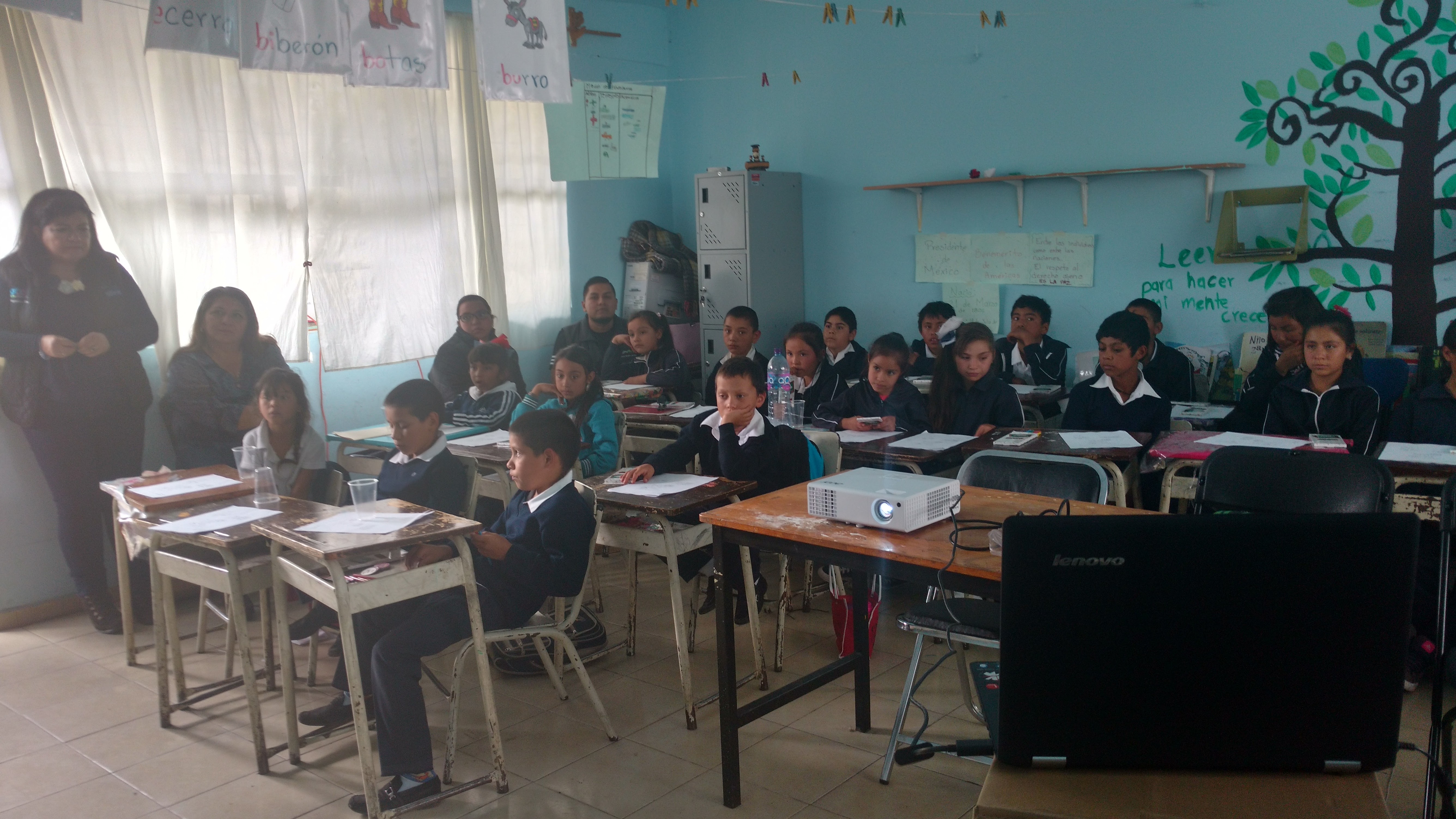 rural students attending a videoconference about oral higyene